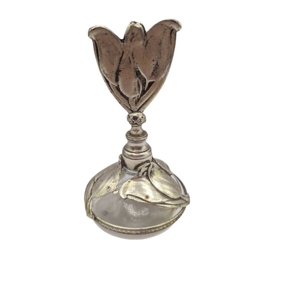 Unknown Other - Vintage Silver-Plated Floral Tulip Perfume Bottle With Glass Dropper 6" Tall Ele